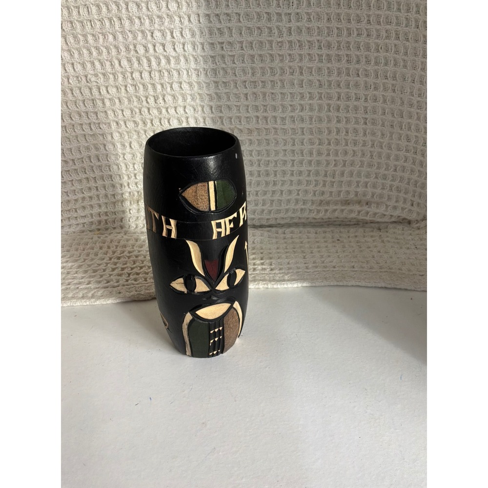 Tribal South Africa Hand Carved Wooden Mask Vase Pencil Cup Black Small